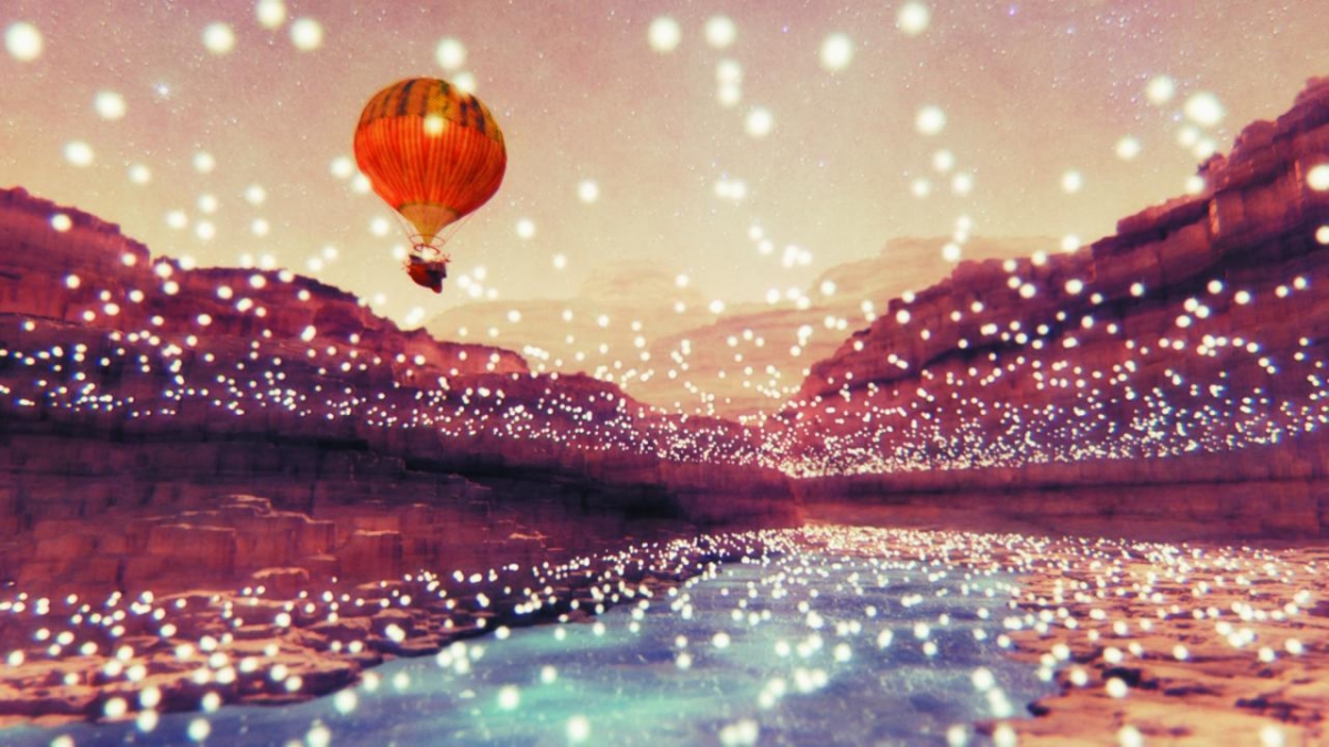 Une montgolfière vole au-dessus d'une rivière dans une ambiance lumineuse